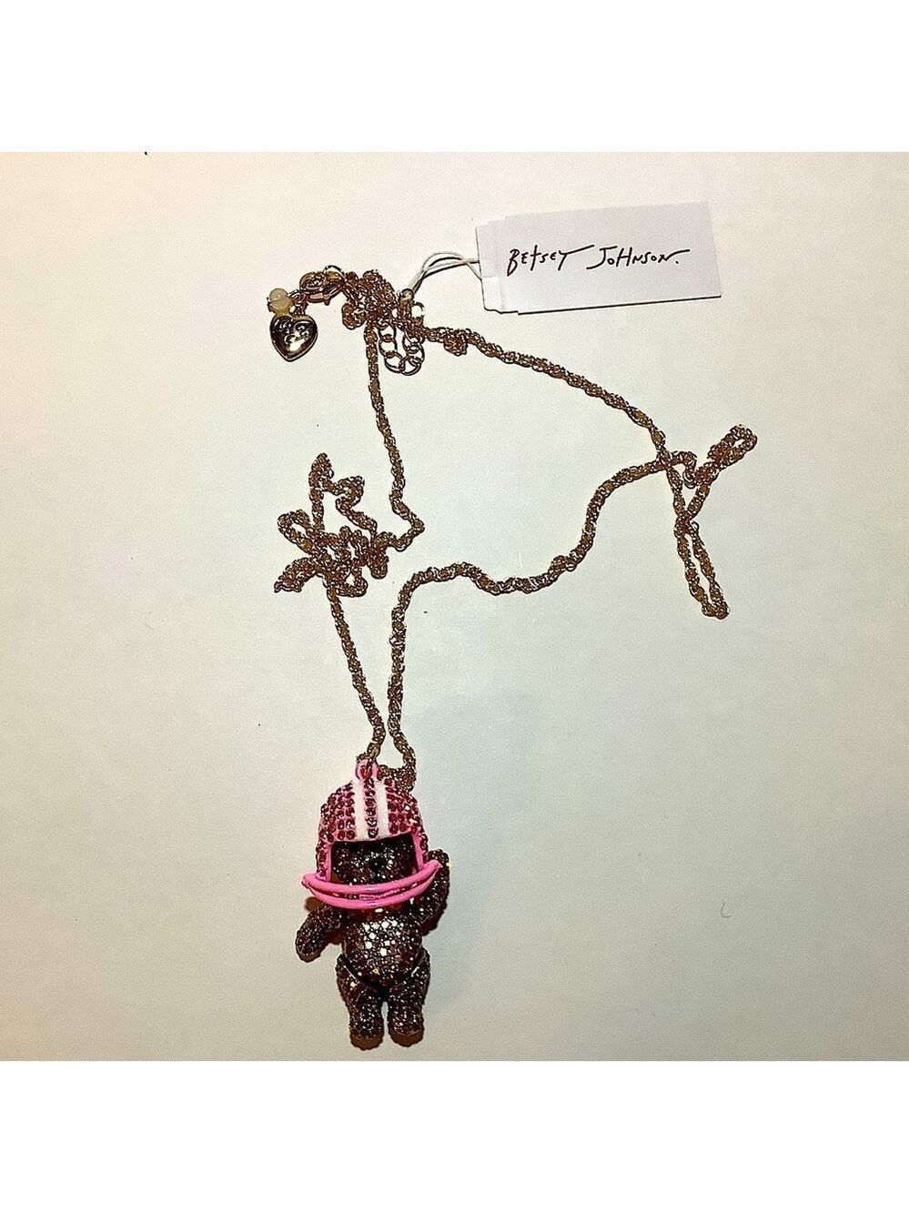 Betsey Johnson Rhinestone Football Bear Pendant Necklace New - Picture 3 of 5
